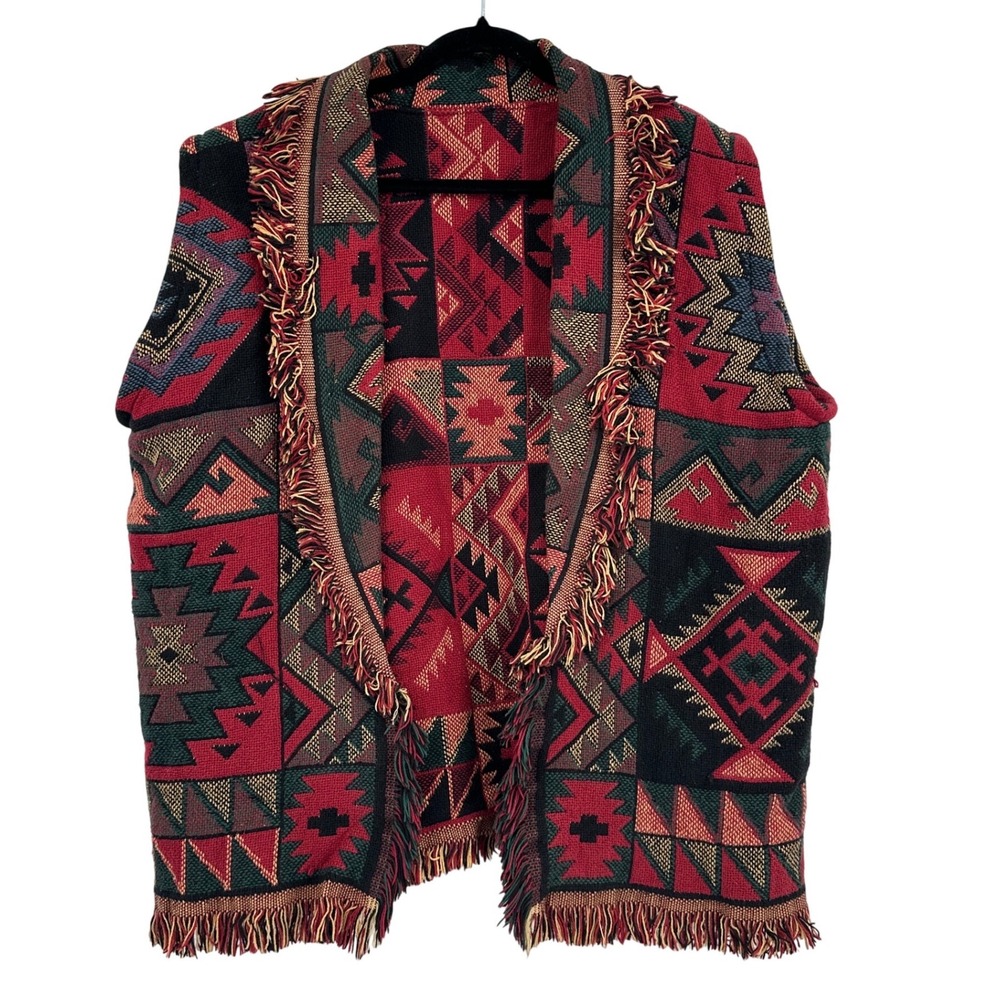 Vintage Southwestern Tapestry Vest Fringe Open Front Geometric Red Green XL boho